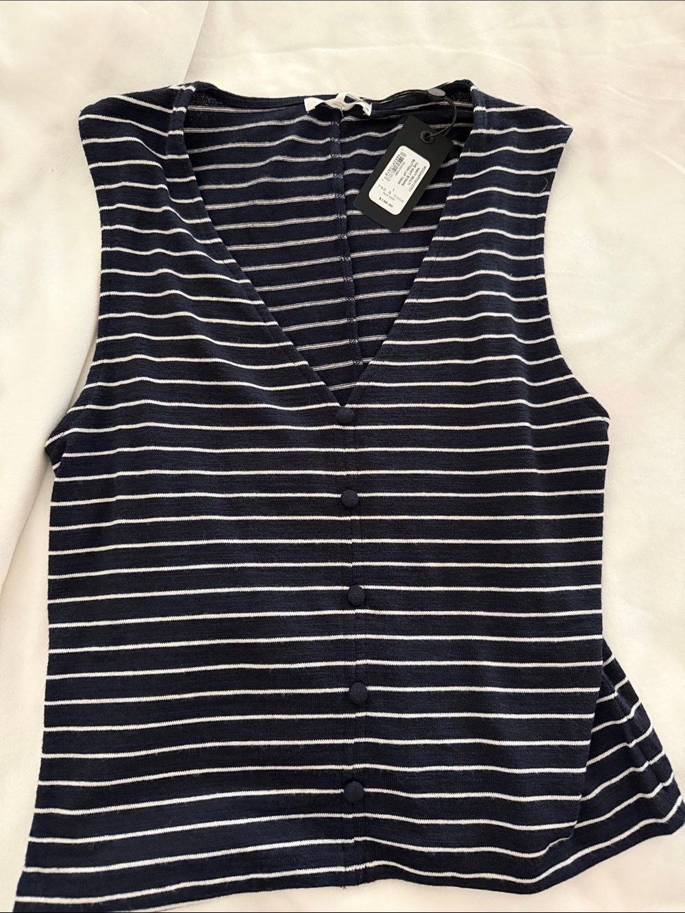 rag & bone Sleeveless V-Neck Navy and White Striped Button Front Top